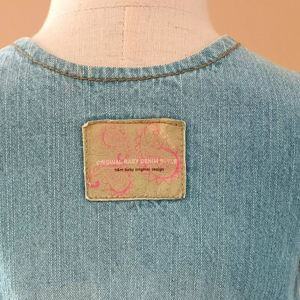 Embroidered Denim Overall Dress 9-12M Pink Ruffle Hem and Butterflies Pockets